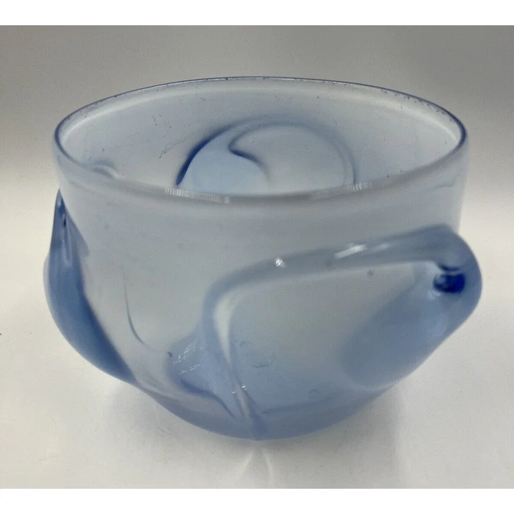 Signed David Hartman Studio Art Glass Bowl Blue Transition Milky Swirl Hand Blow